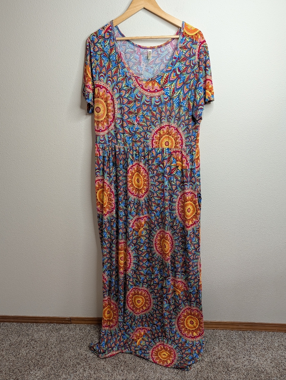 Grecerelle Mandala Print Maxi Dress‎ 2XL Multicolor Boho Short Sleeve